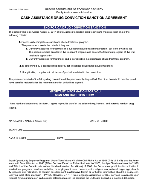 Form FAA-1570A Cash Assistance Drug Conviction Sanction Agreement - Arizona