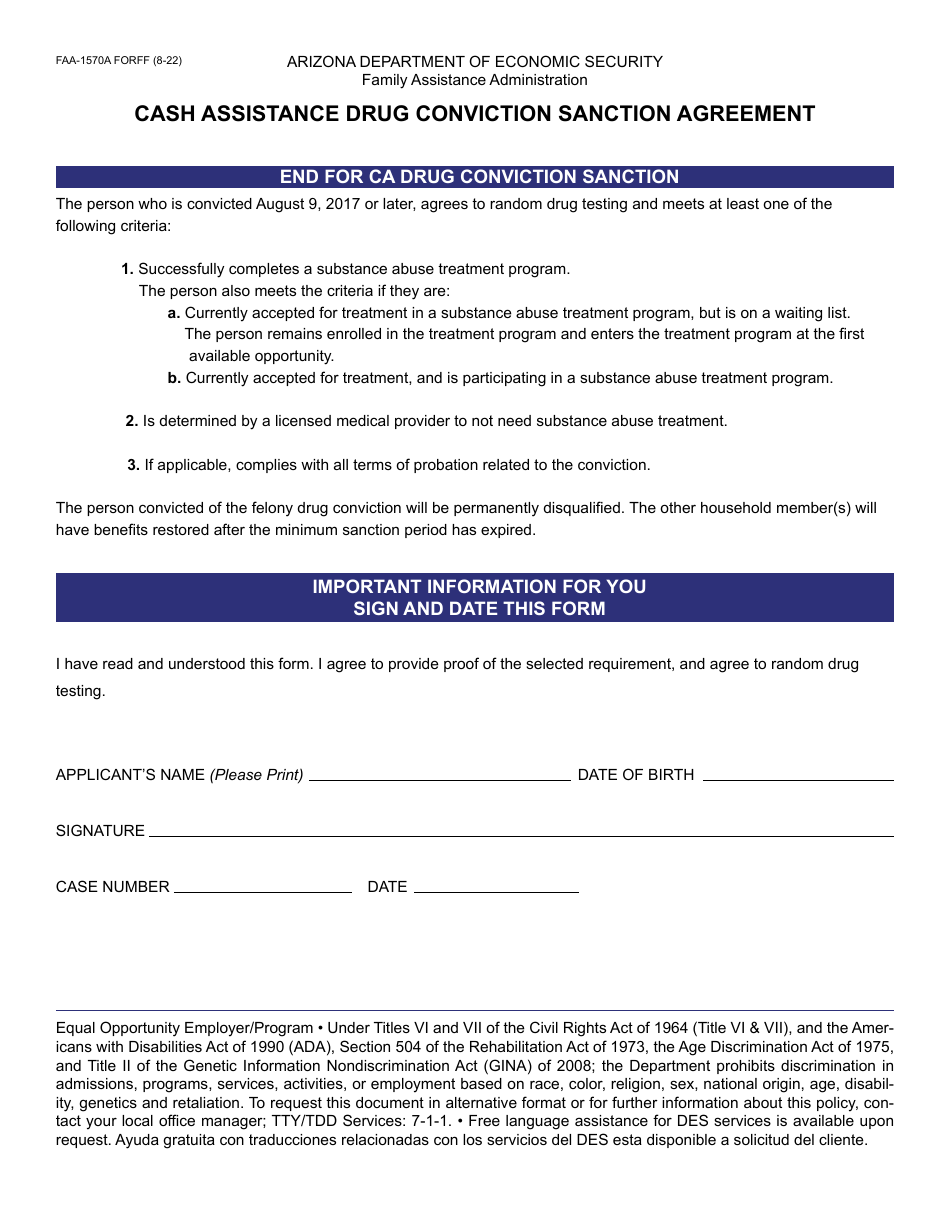 Form FAA-1570A Cash Assistance Drug Conviction Sanction Agreement - Arizona, Page 1