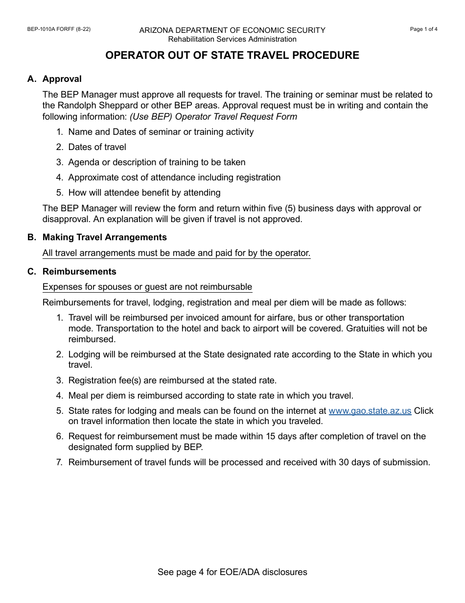 Form BEP-1010A Bep Operator Travel Request Form - Arizona, Page 1