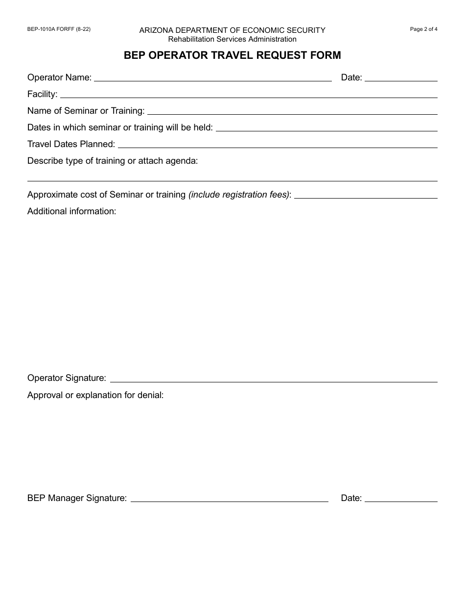 Form BEP-1010A Bep Operator Travel Request Form - Arizona, Page 2