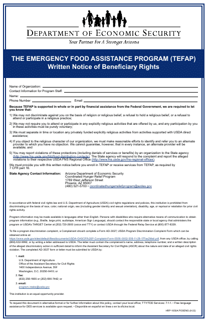 Form HRP-1050A Written Notice of Beneficiary Rights - the Emergency Food Assistance Program - Arizona