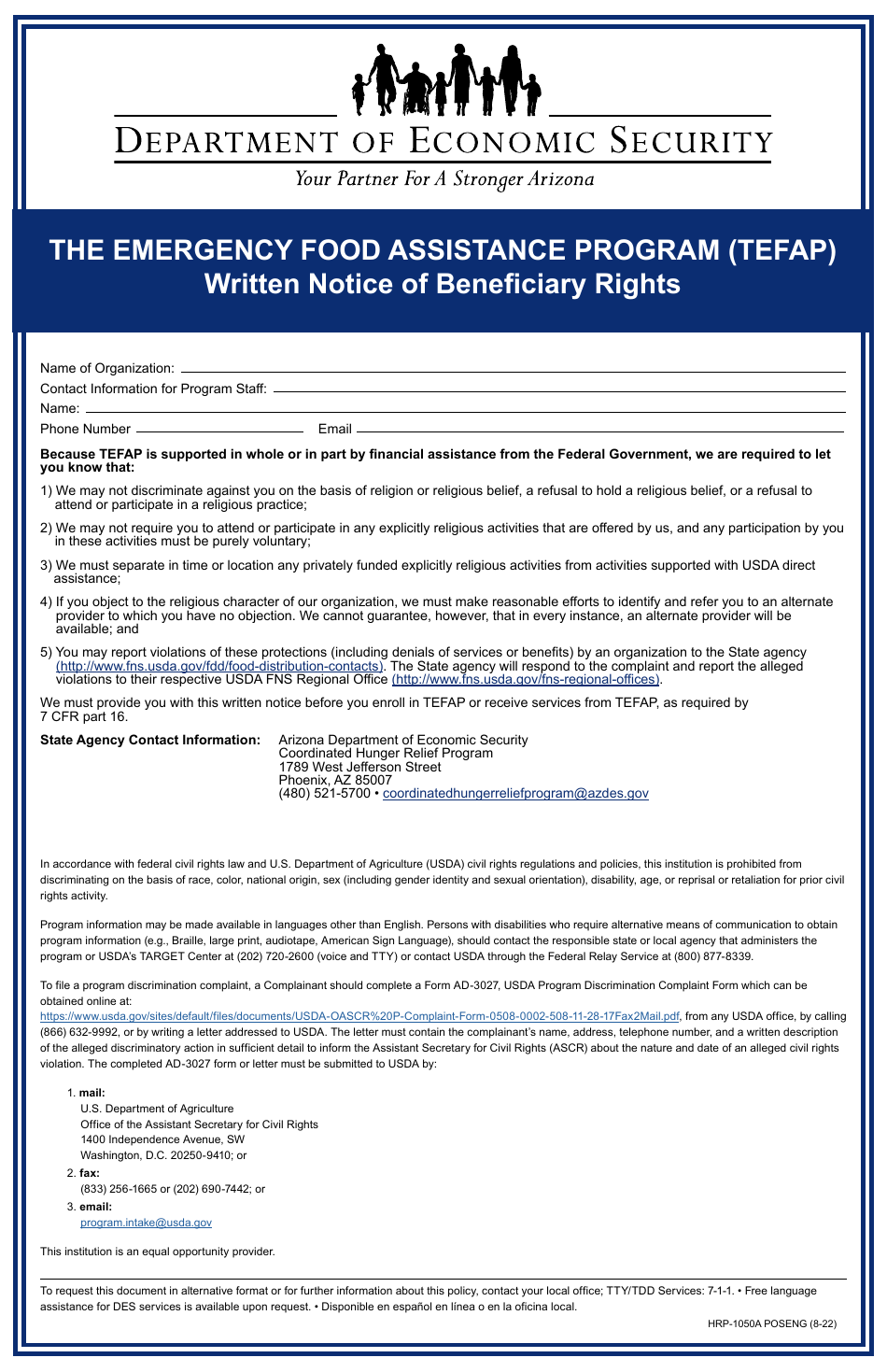 Form HRP-1050A Written Notice of Beneficiary Rights - the Emergency Food Assistance Program - Arizona, Page 1