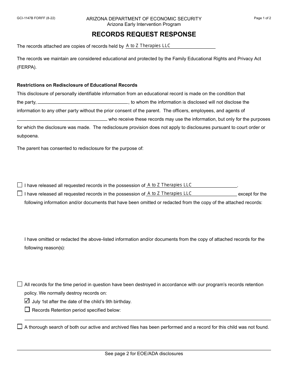 Form GCI-1147B Records Request Response - Arizona, Page 1