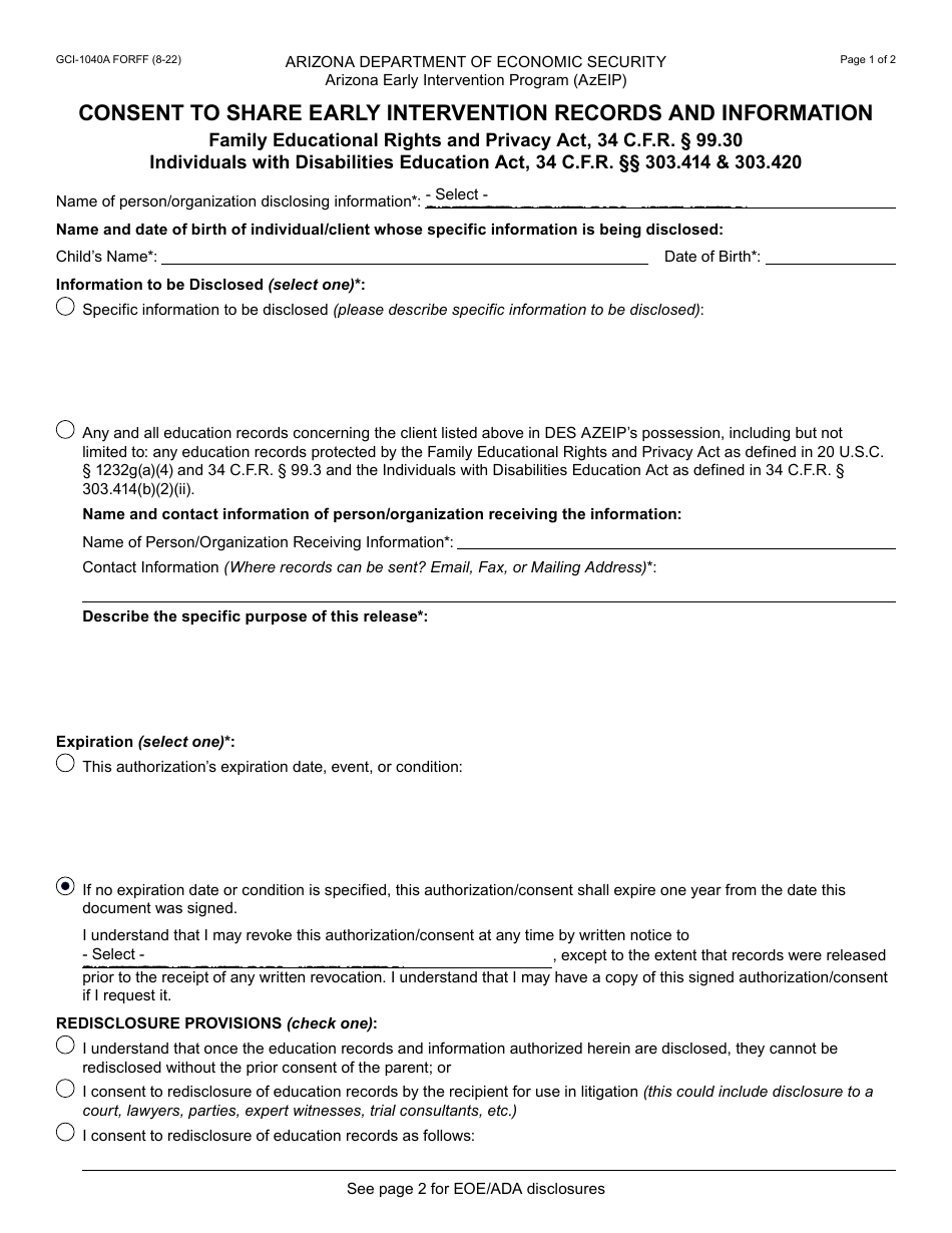 Form GCI-1040A Consent to Share Early Intervention Records and Information - Arizona, Page 1