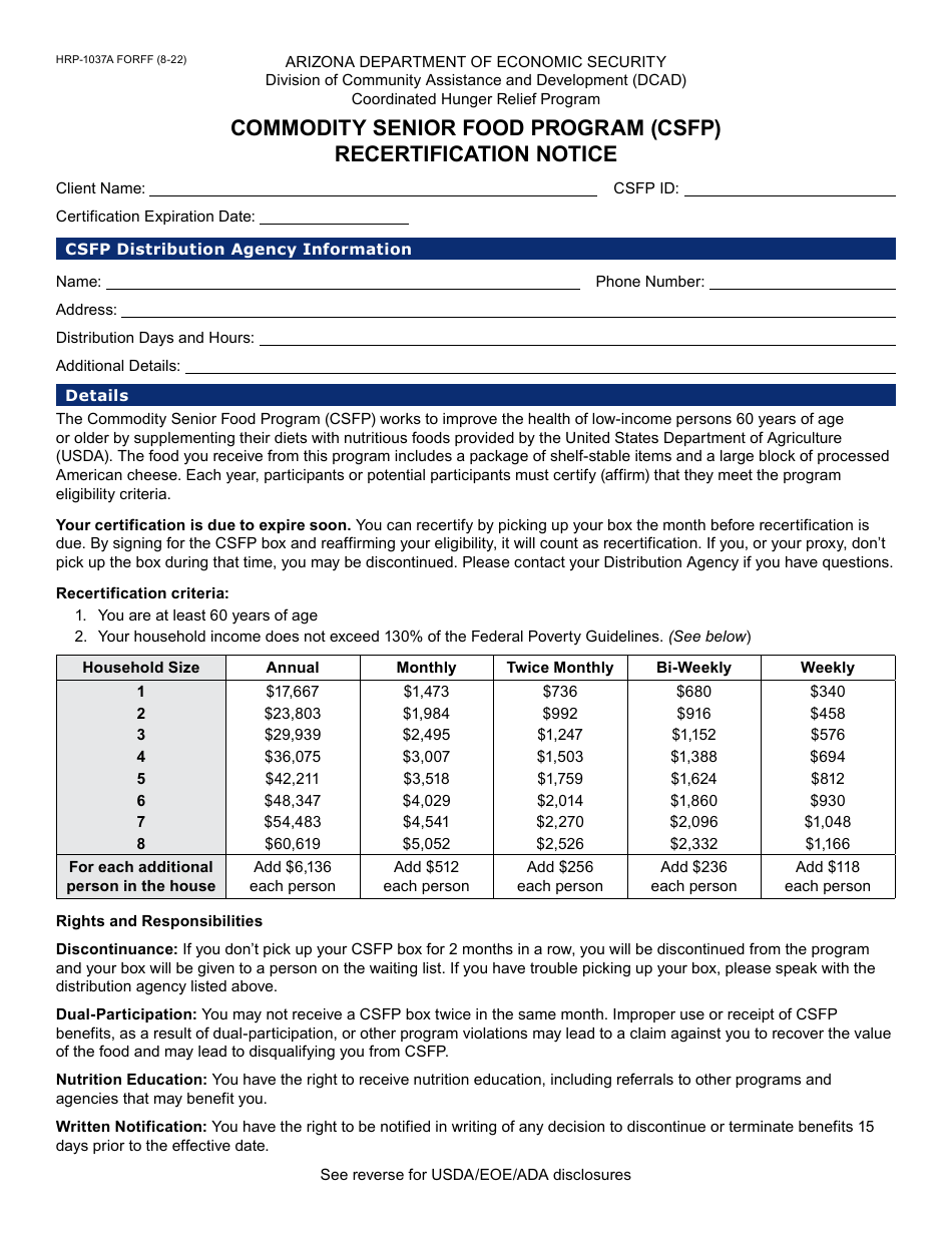 Form HRP-1037A Recertification Notice - Commodity Senior Food Program (Csfp) - Arizona, Page 1