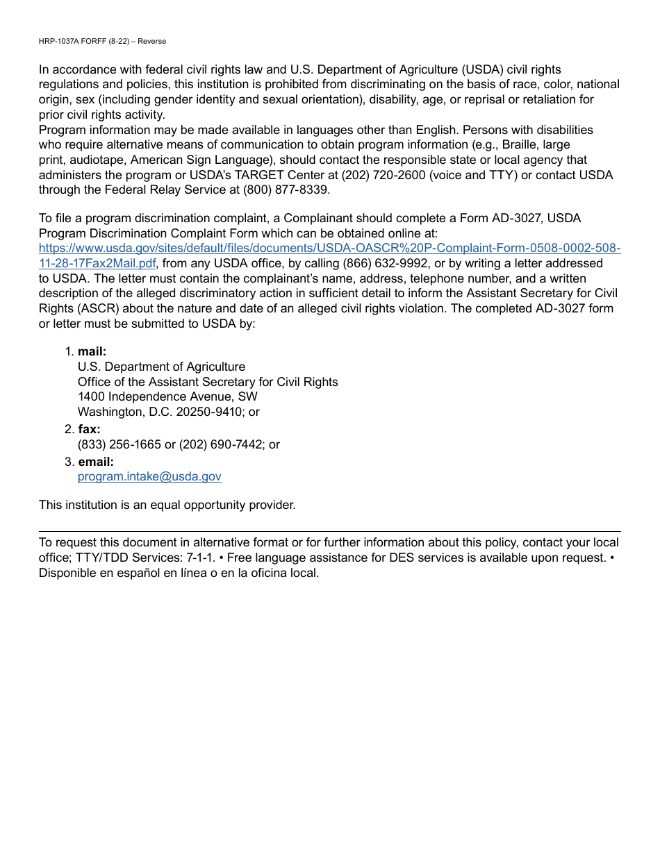 Form HRP-1037A Recertification Notice - Commodity Senior Food Program (Csfp) - Arizona, Page 2