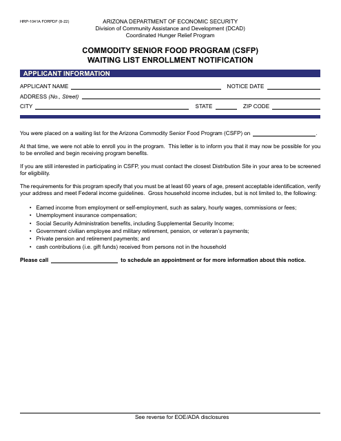Form HRP-1041A Waiting List Enrollment Notification - Commodity Senior Food Program (Csfp) - Arizona