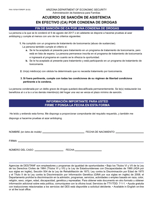 Formulario FAA-1570A-S Acuerdo De Sancion De Asistencia En Efectivo (Ca) Por Condena De Drogas - Arizona (Spanish)