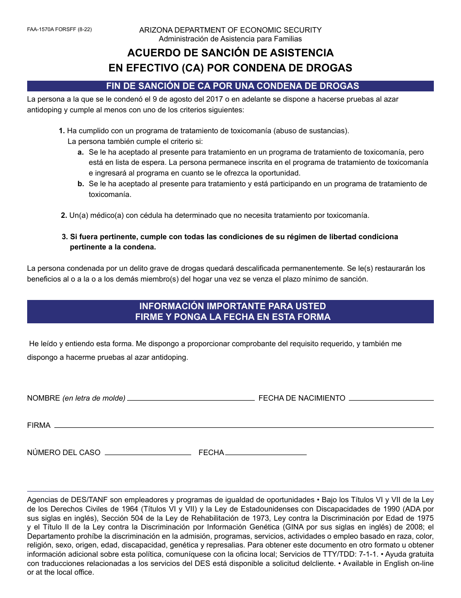 Formulario FAA-1570A-S Acuerdo De Sancion De Asistencia En Efectivo (Ca) Por Condena De Drogas - Arizona (Spanish), Page 1
