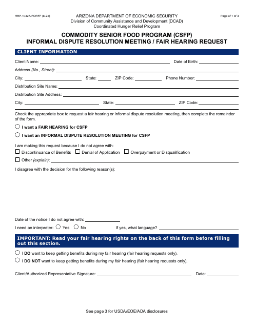 Form HRP-1032A Informal Dispute Resolution Meeting/Fair Hearing Request - Commodity Senior Food Program (Csfp) - Arizona