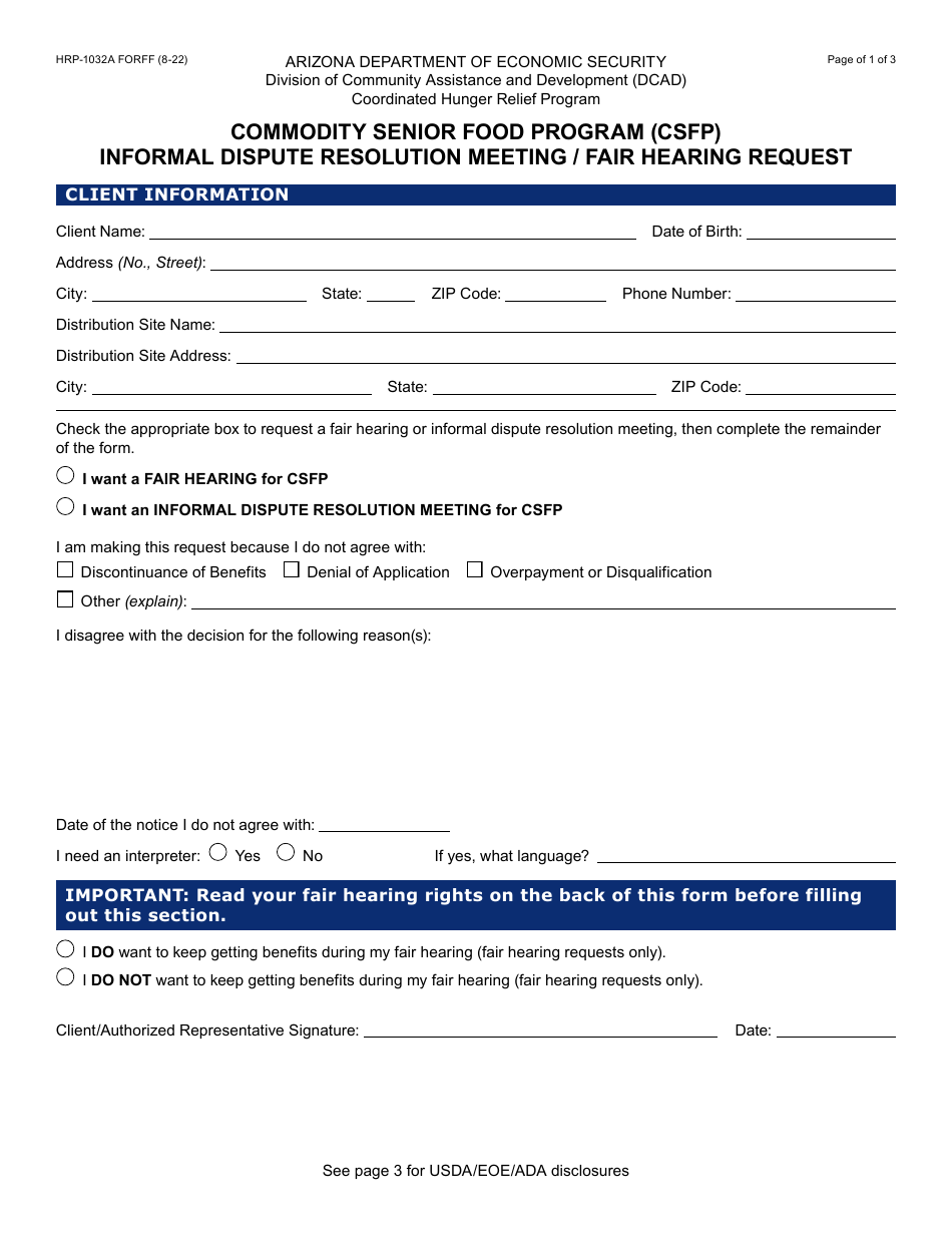 Form HRP-1032A Informal Dispute Resolution Meeting / Fair Hearing Request - Commodity Senior Food Program (Csfp) - Arizona, Page 1