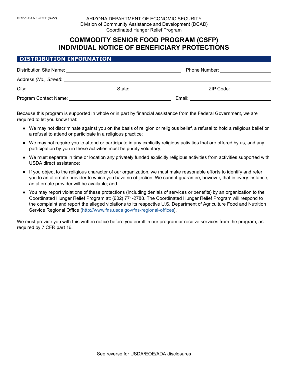 Form HRP-1034A Commodity Senior Food Program (Csfp) Individual Notice of Beneficiary Protections - Arizona, Page 1