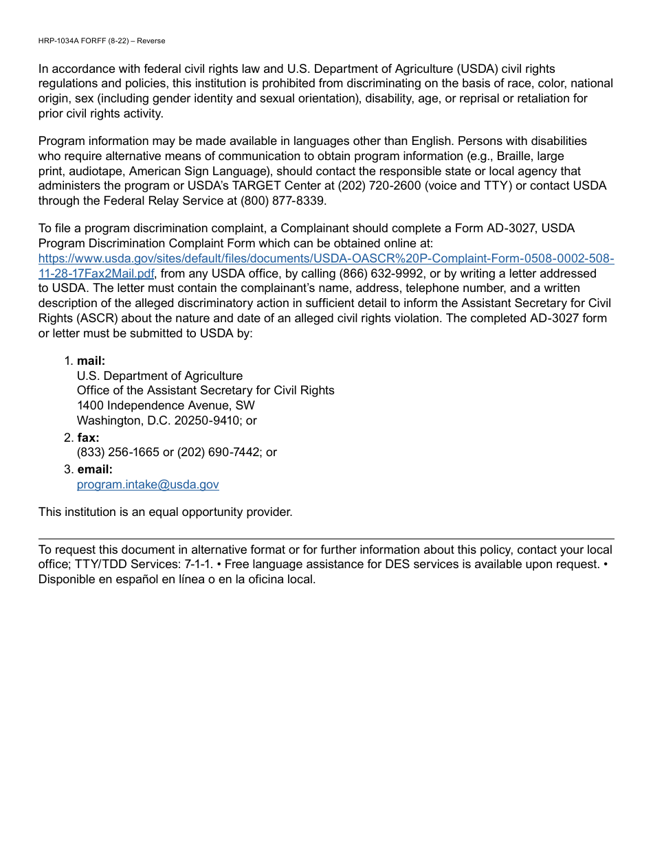 Form HRP-1034A Commodity Senior Food Program (Csfp) Individual Notice of Beneficiary Protections - Arizona, Page 2