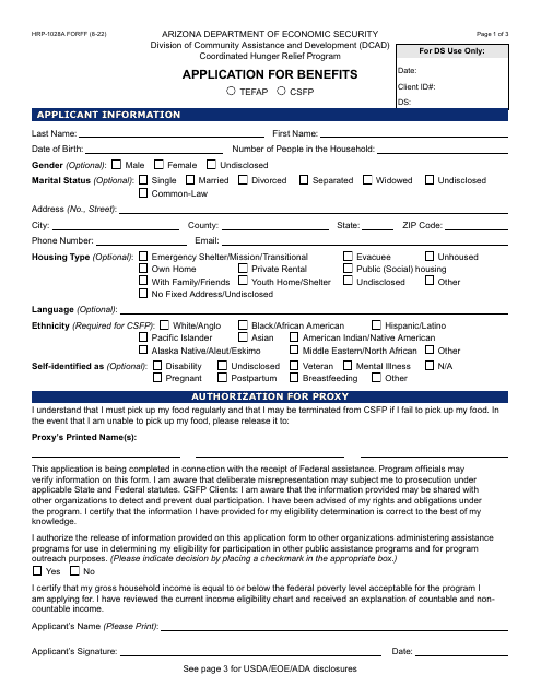 Form HRP-1028A Application for Benefits (Tefap/Csfp) - Arizona