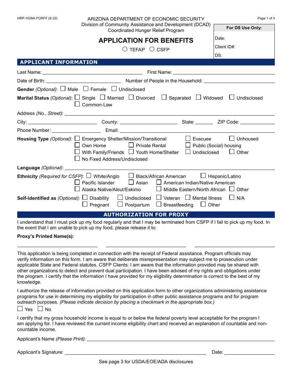 Form HRP-1028A Application for Benefits (Tefap / Csfp) - Arizona, Page 1