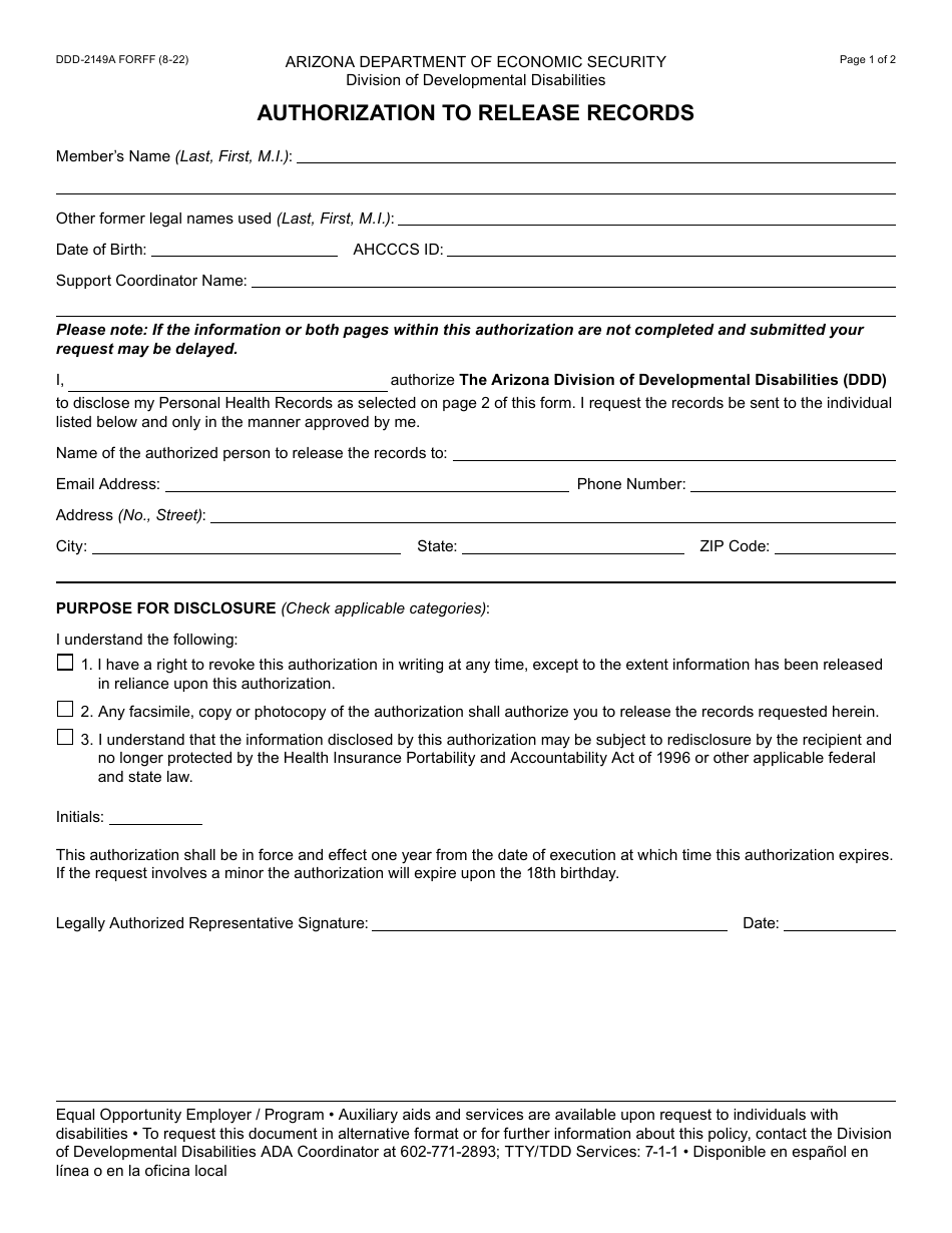 Form DDD-2149A Authorization to Release Records - Arizona, Page 1