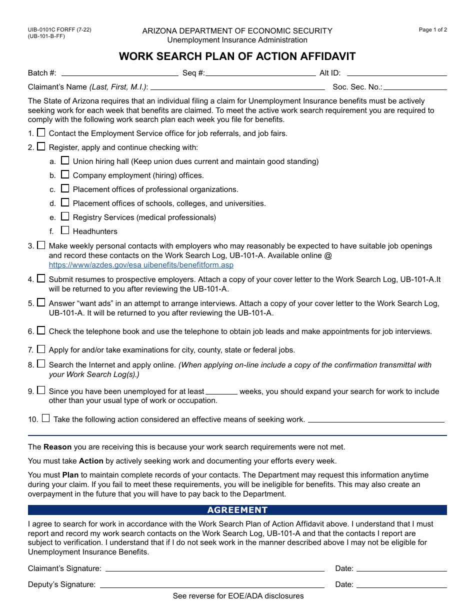 Form UIB-0101C Work Search Plan of Action Affidavit - Arizona, Page 1