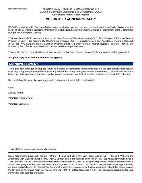 Form HRP-1016A Volunteer Confidentiality - Arizona
