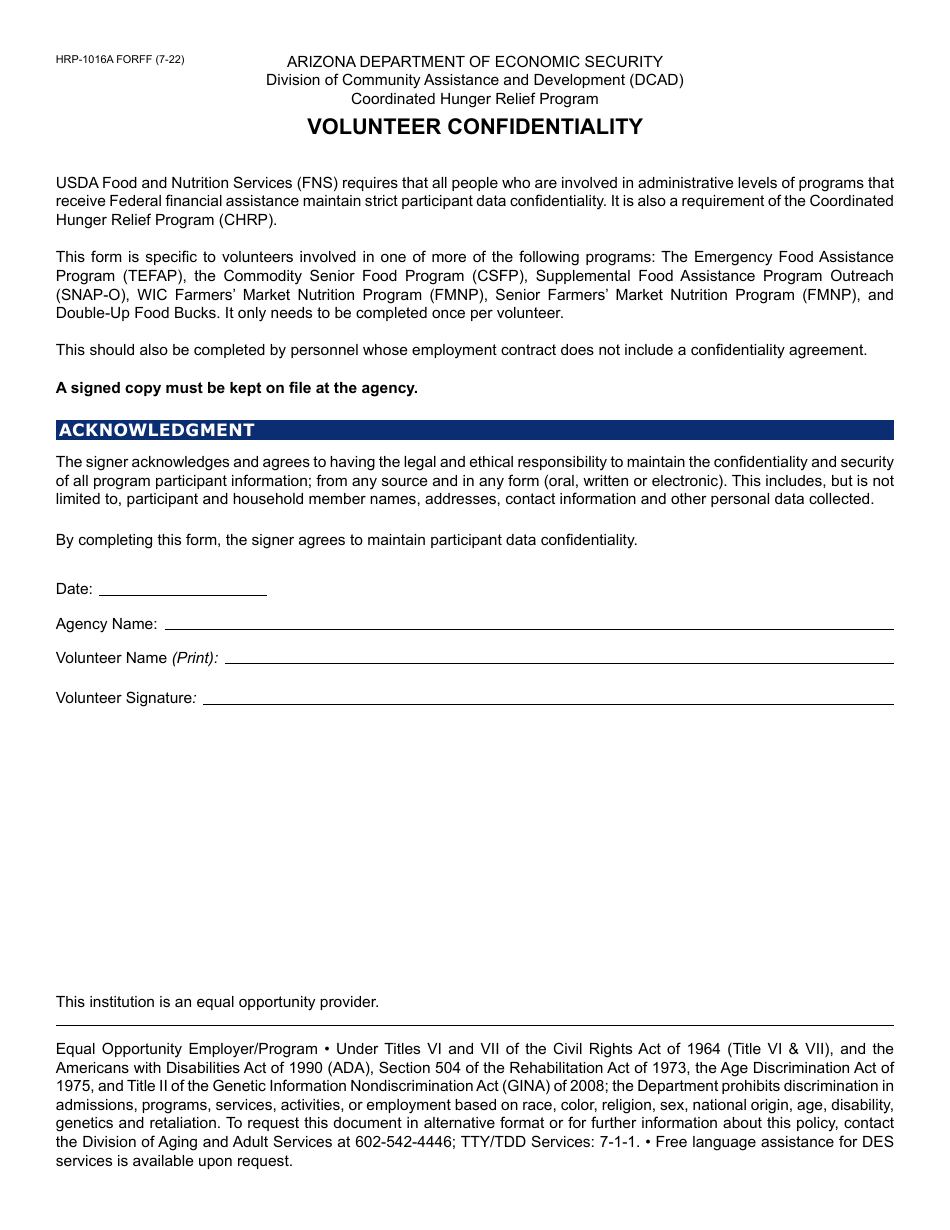 Form HRP-1016A Download Fillable PDF or Fill Online Volunteer ...