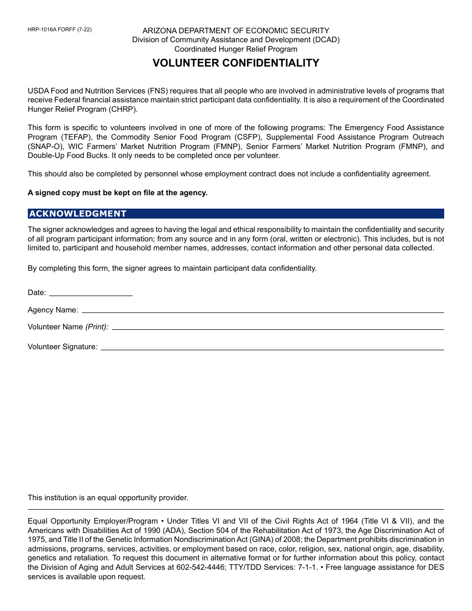 Form HRP-1016A Volunteer Confidentiality - Arizona, Page 1
