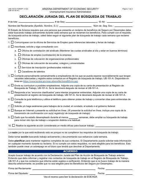 Formulario UIB-0101C-S Declaracion Jurada Del Plan De Busqueda De Trabajo - Arizona (Spanish)