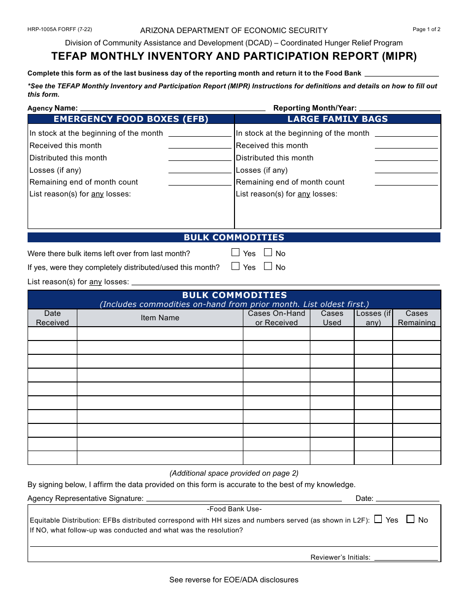Form HRP-1005A Tefap Monthly Inventory and Participation Report (MIPR) - Arizona, Page 1