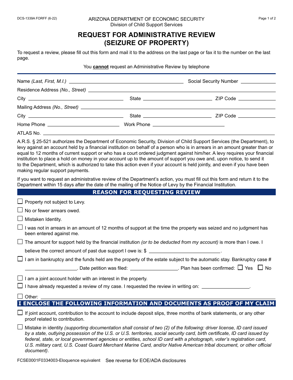 Form DCS-1339A Request for Administrative Review (Seizure of Property) - Arizona, Page 1