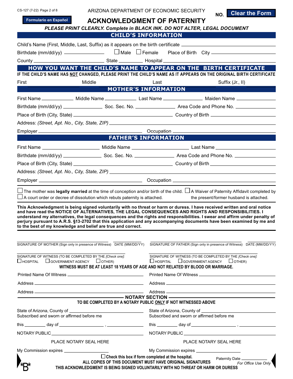Form CS-127-PF Acknowledgment of Paternity - Arizona (English / Spanish), Page 2