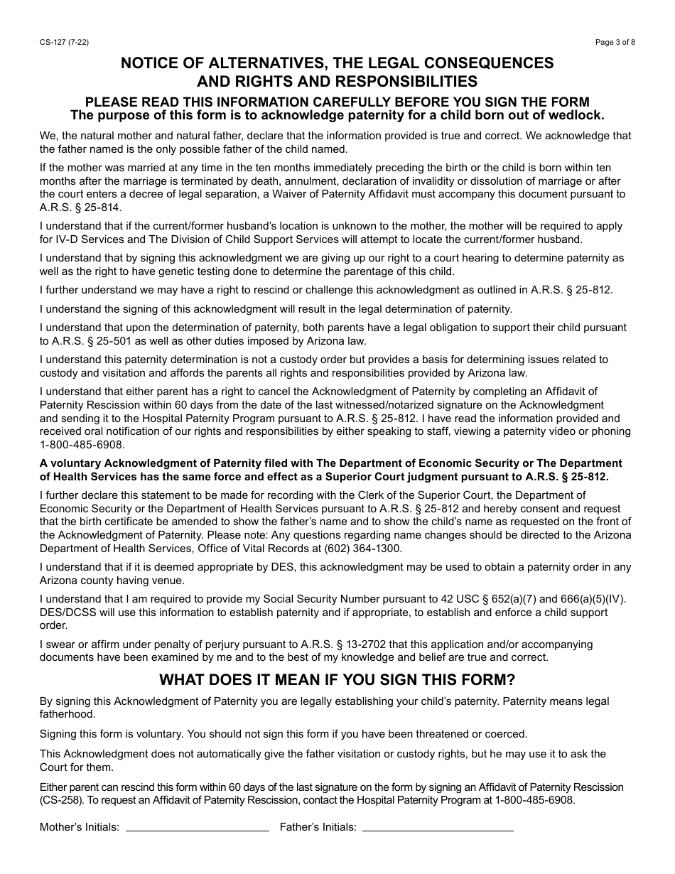 Form CS-127-PF Acknowledgment of Paternity - Arizona (English / Spanish), Page 3