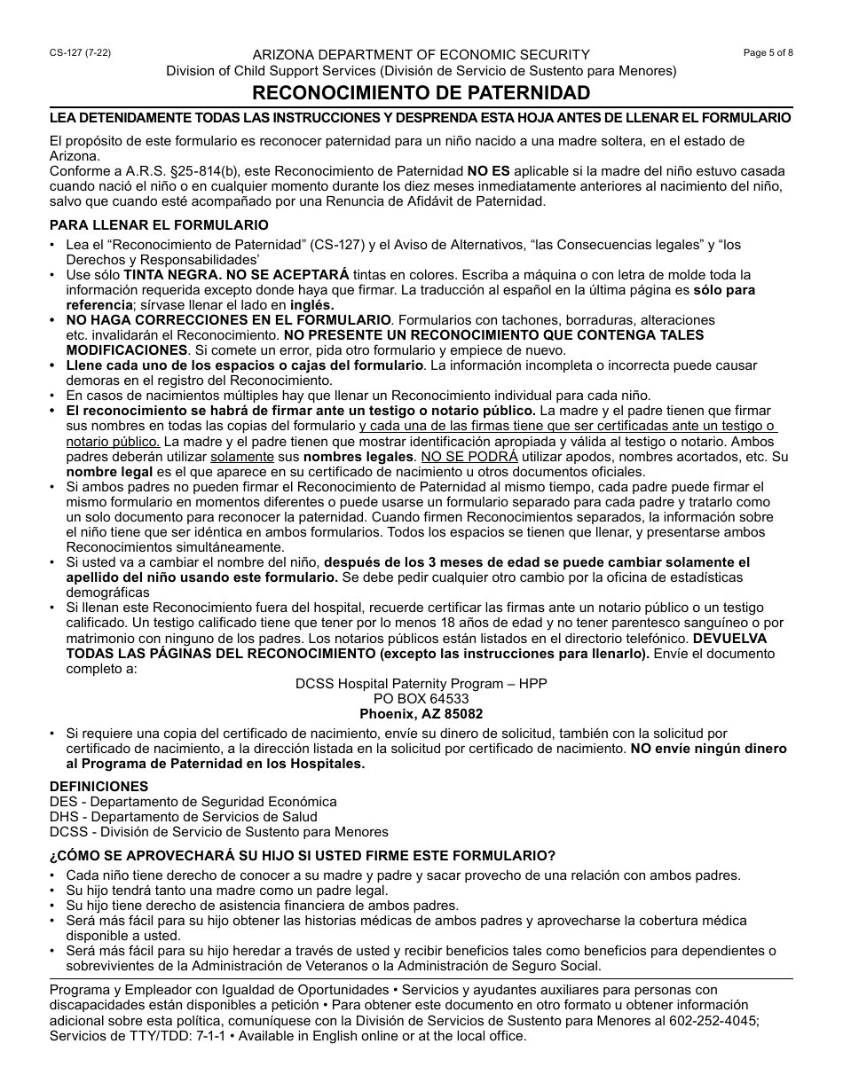 Form CS-127-PF Acknowledgment of Paternity - Arizona (English / Spanish), Page 5