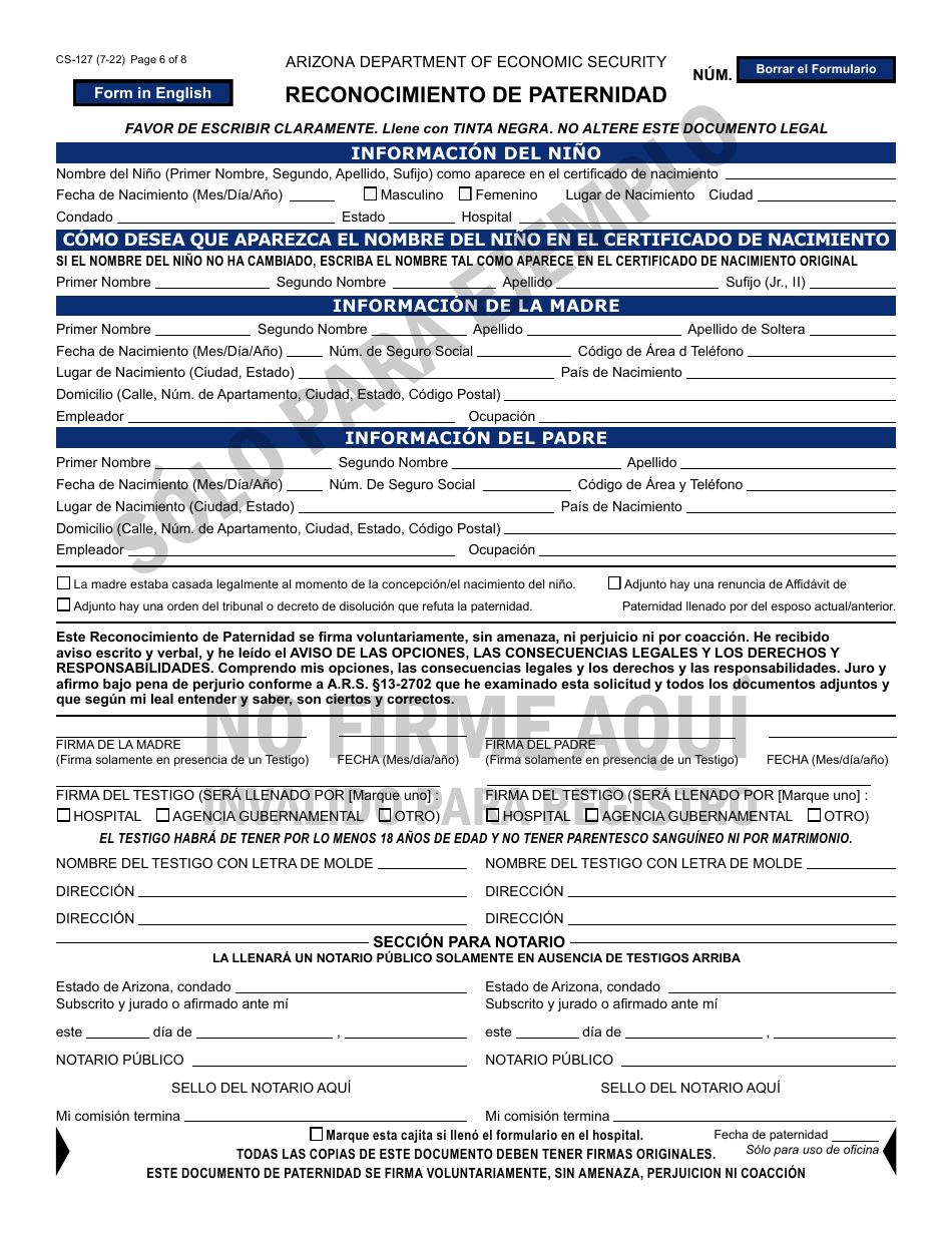 Form CS-127-PF Acknowledgment of Paternity - Arizona (English / Spanish), Page 6