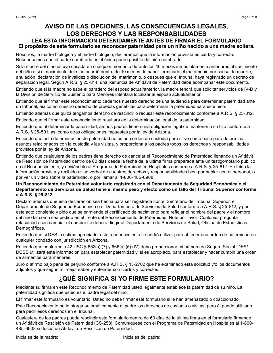 Form CS-127-PF Acknowledgment of Paternity - Arizona (English / Spanish), Page 7