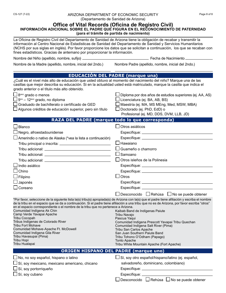 Form CS-127-PF Acknowledgment of Paternity - Arizona (English / Spanish), Page 8