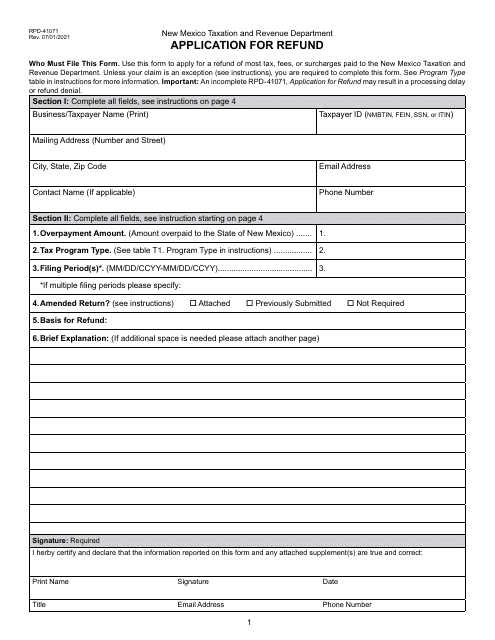 Form RPD-41071 Application for Refund - New Mexico