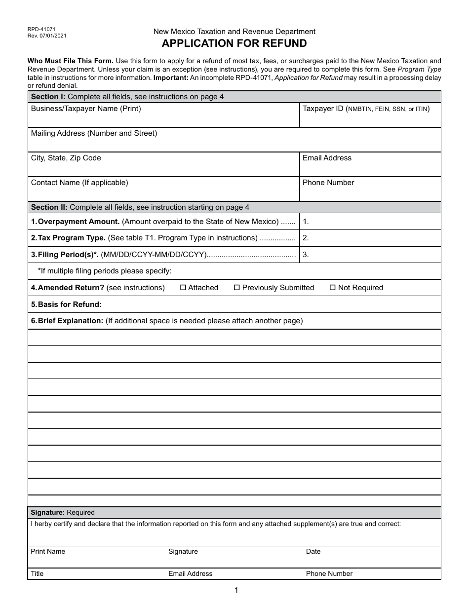 Form RPD-41071 Application for Refund - New Mexico, Page 1