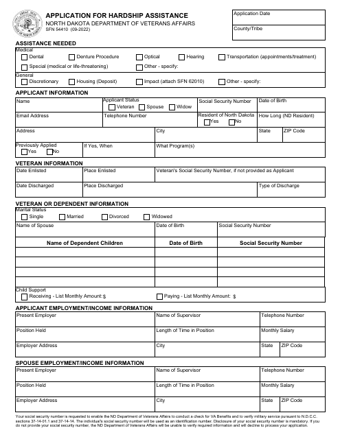 Form SFN54410 Application for Hardship Assistance - North Dakota