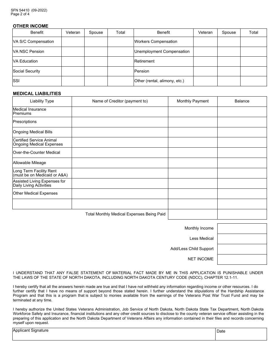 Form SFN54410 Application for Hardship Assistance - North Dakota, Page 2