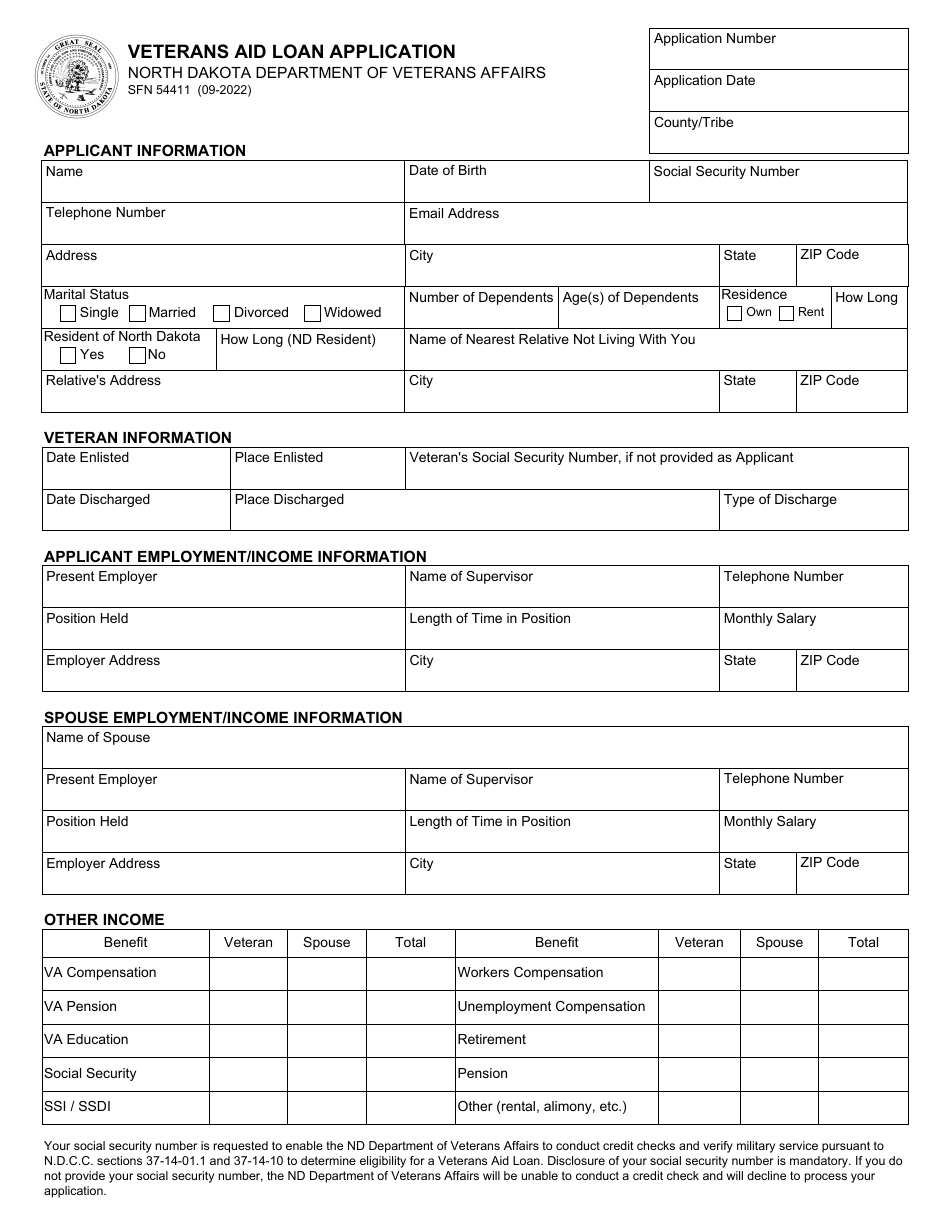 Form SFN54411 Veterans Aid Loan Application - North Dakota, Page 1