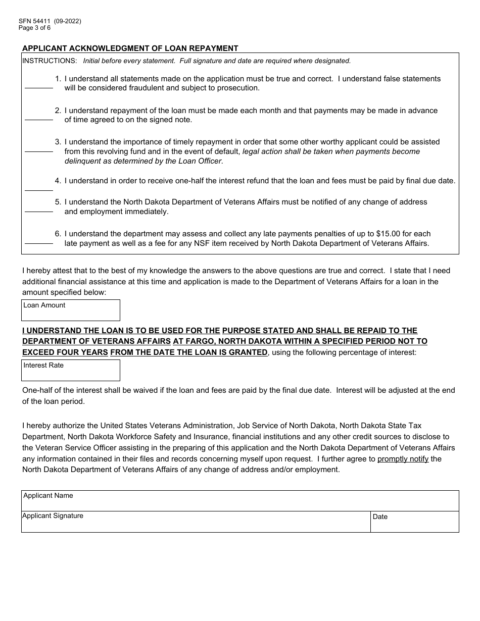 Form SFN54411 Veterans Aid Loan Application - North Dakota, Page 3