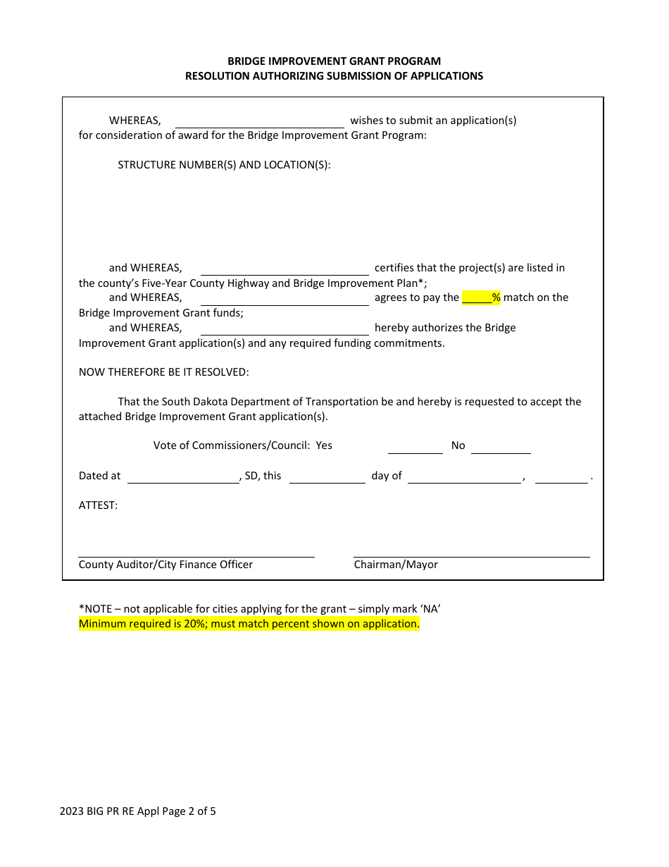 Application for Bridge Improvement Grant (Big) Funds Preservation or Rehab / Replacement - South Dakota, Page 2