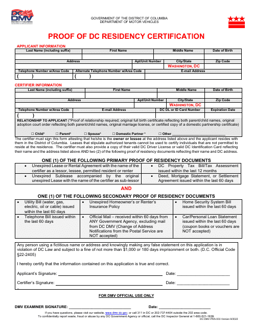 Form DC DMV-PRA-003 Proof of Dc Residency Certification - Washington, D.C.