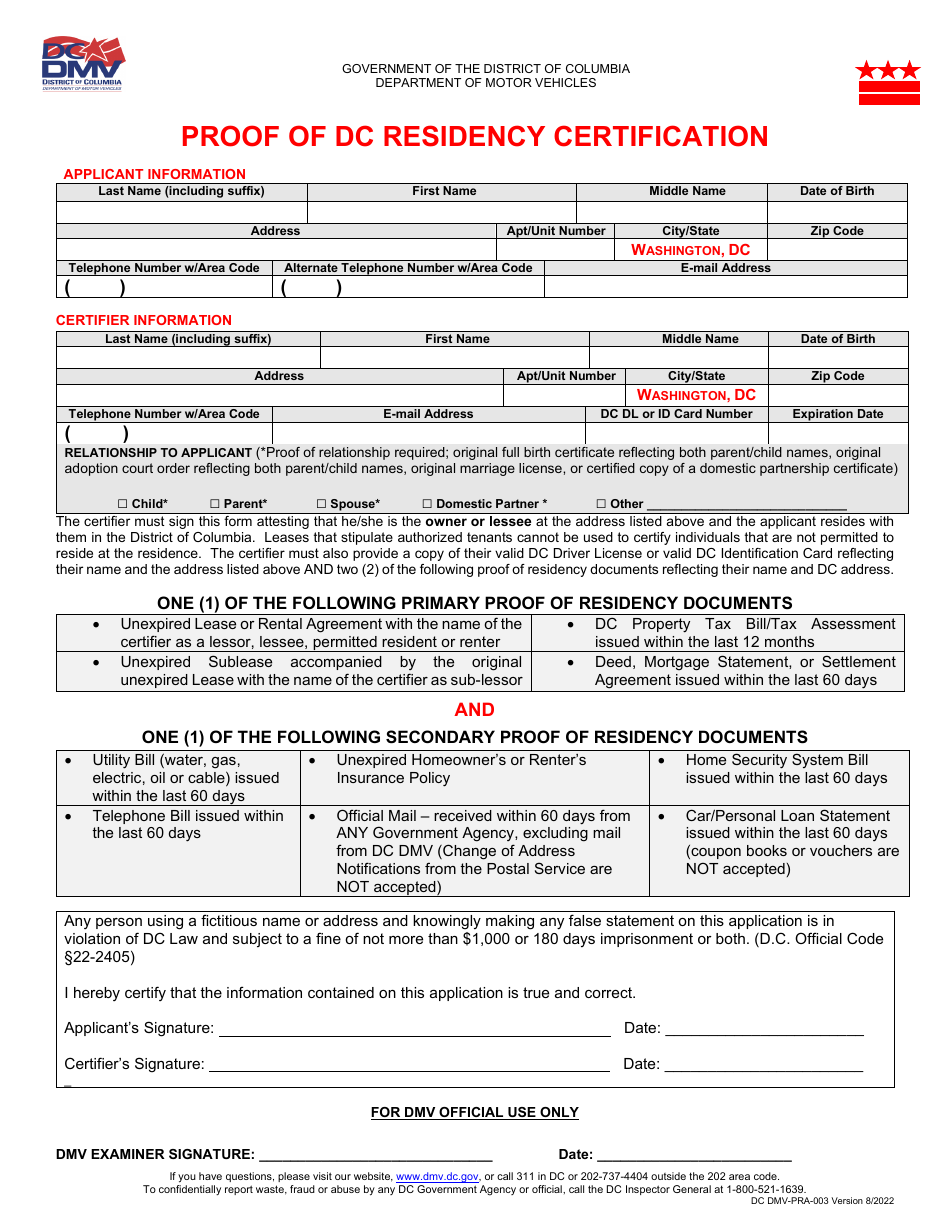 Form DC DMV-PRA-003 Proof of Dc Residency Certification - Washington, D.C., Page 1