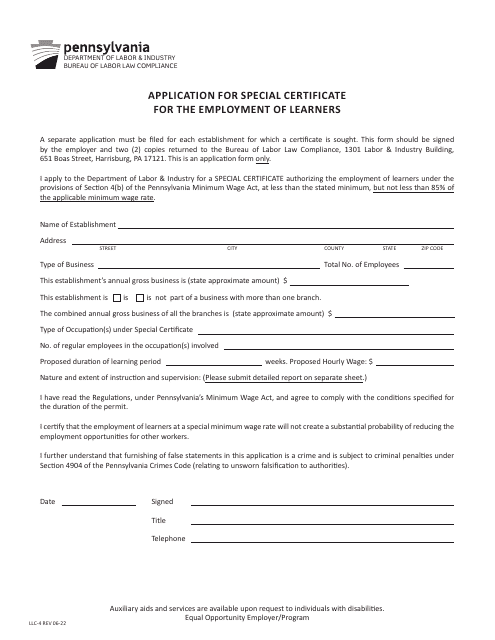 Form LLC-4 Application for Special Certificate for the Employment of Learners - Pennsylvania
