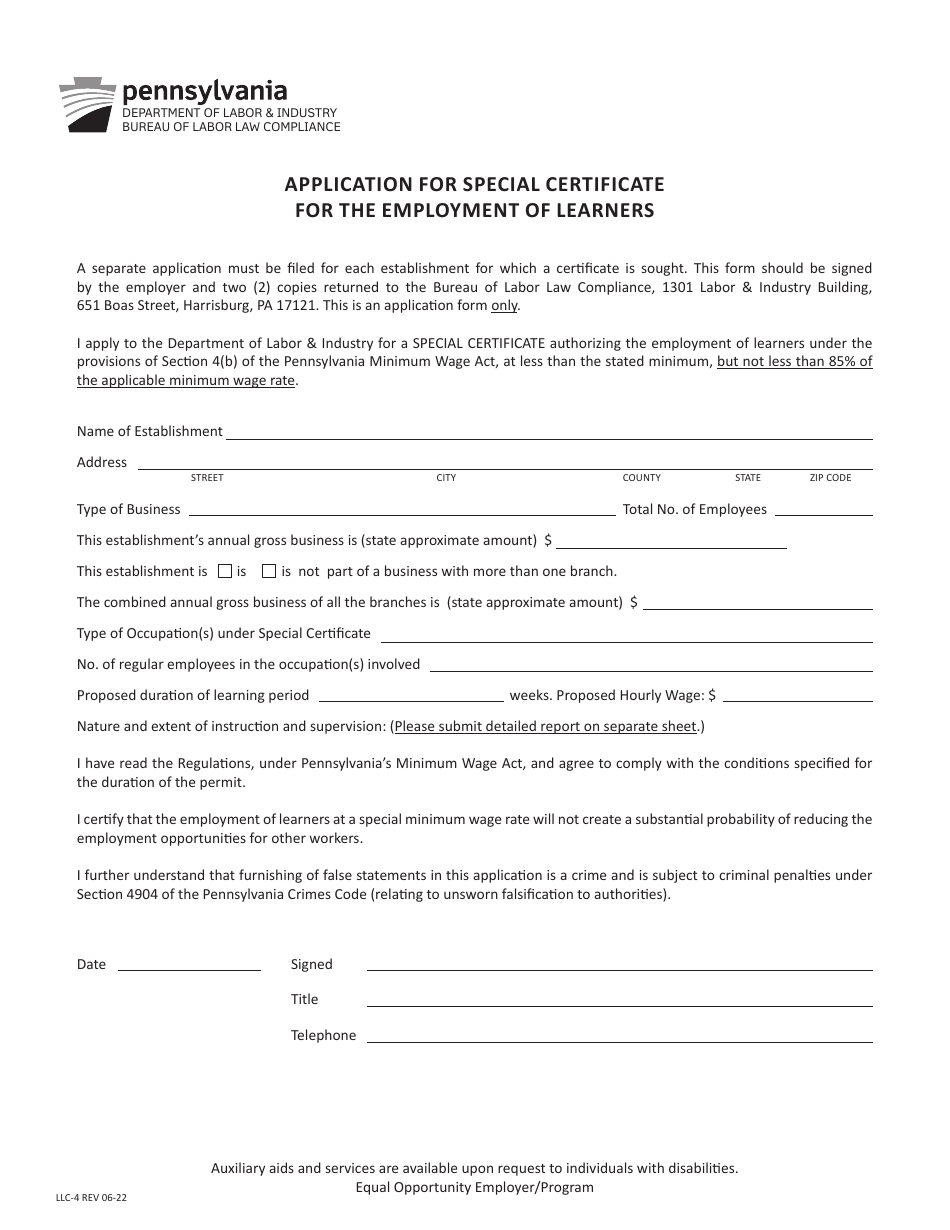 Form LLC-4 Application for Special Certificate for the Employment of Learners - Pennsylvania, Page 1