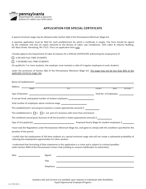 Form LLC-3 Application for Special Certificate - Pennsylvania