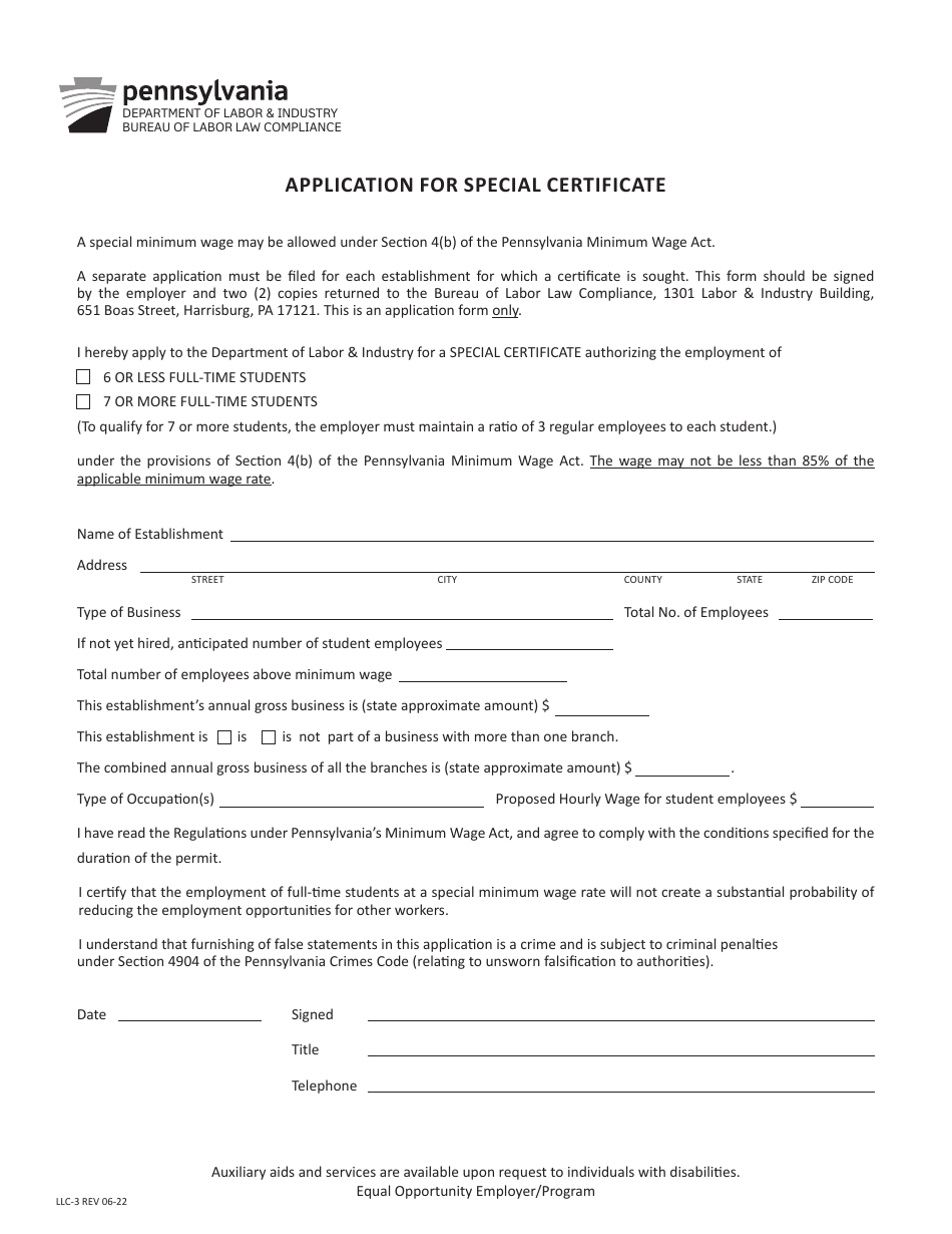 Form LLC-3 Application for Special Certificate - Pennsylvania, Page 1