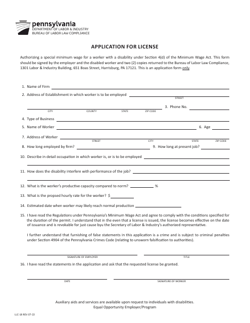 Form LLC-18 Application for Worker With Disability License - Pennsylvania