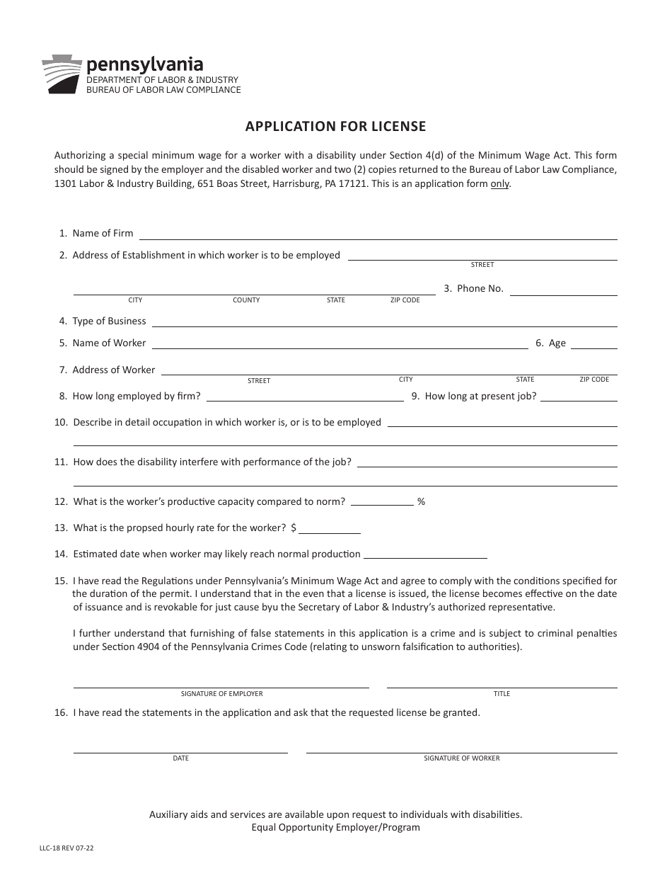 Form LLC-18 Application for Worker With Disability License - Pennsylvania, Page 1