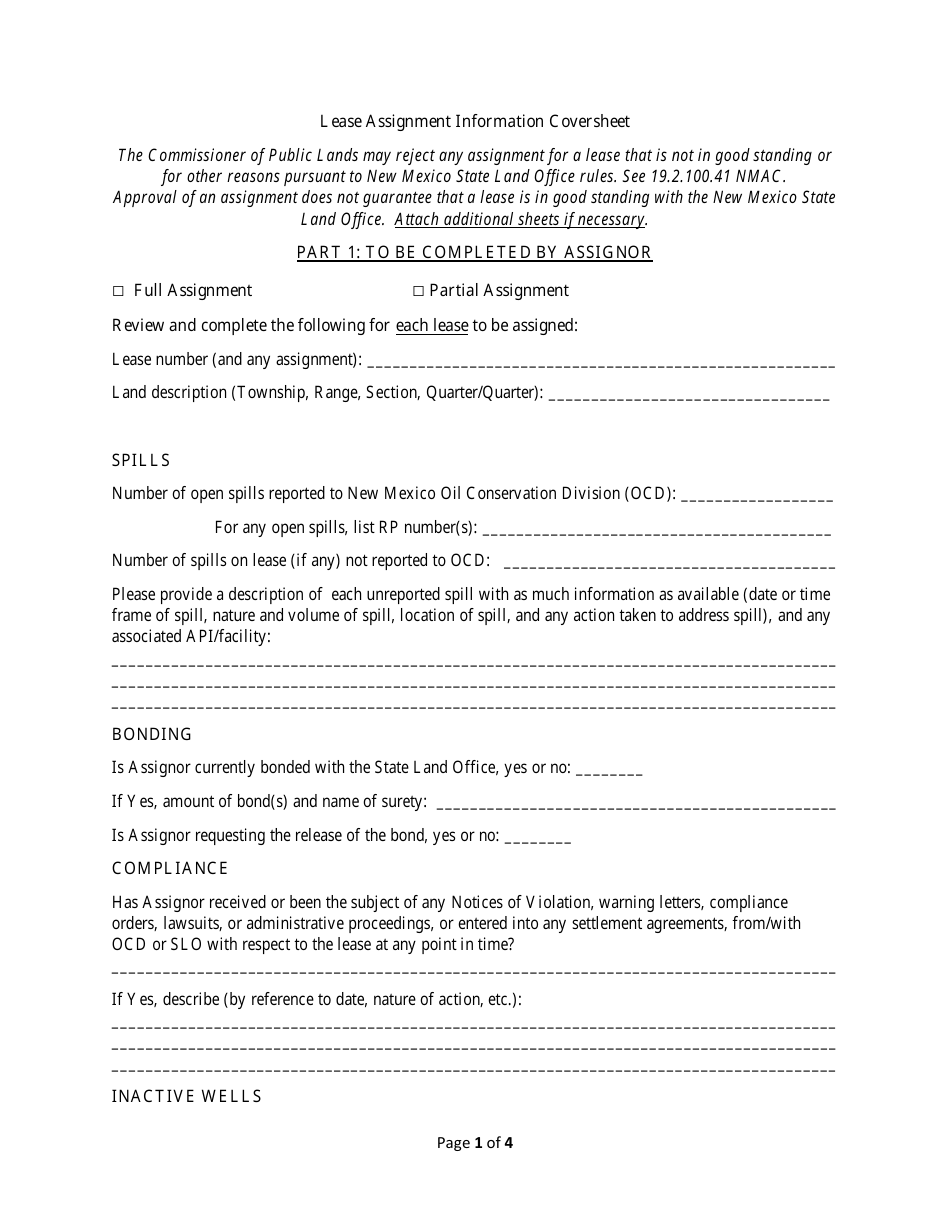 Lease Assignment Information Coversheet - New Mexico, Page 1