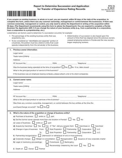 Form RTS-1S Report to Determine Succession and Application for Transfer of Experience Rating Records - Florida